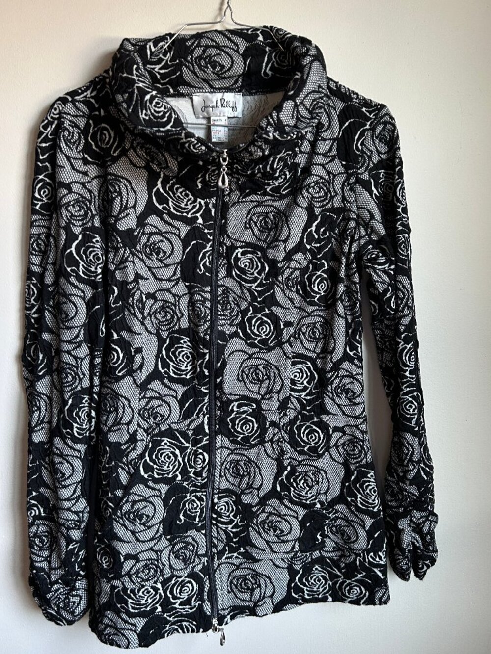 Vintage Joseph Ribkoff Black & White Rose Floral Print Zip-Up Jacket Cowl Neck